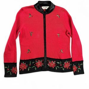 Vintage Tiara International Christmas Mistletoe & Poinsettia Full-Zip Sweater